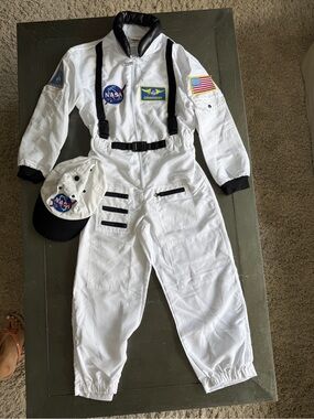 Kids White NASA Explorer Costume Jumpsuit with Cap